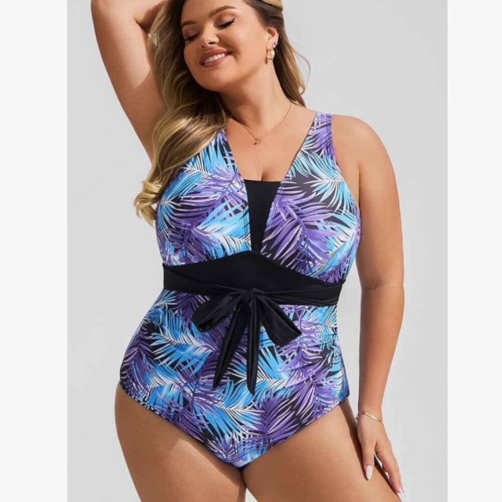 NWT! One Piece Tummy Control Blue Purple Leaf Swimsuit w Black Waist Tie. Sz. 20